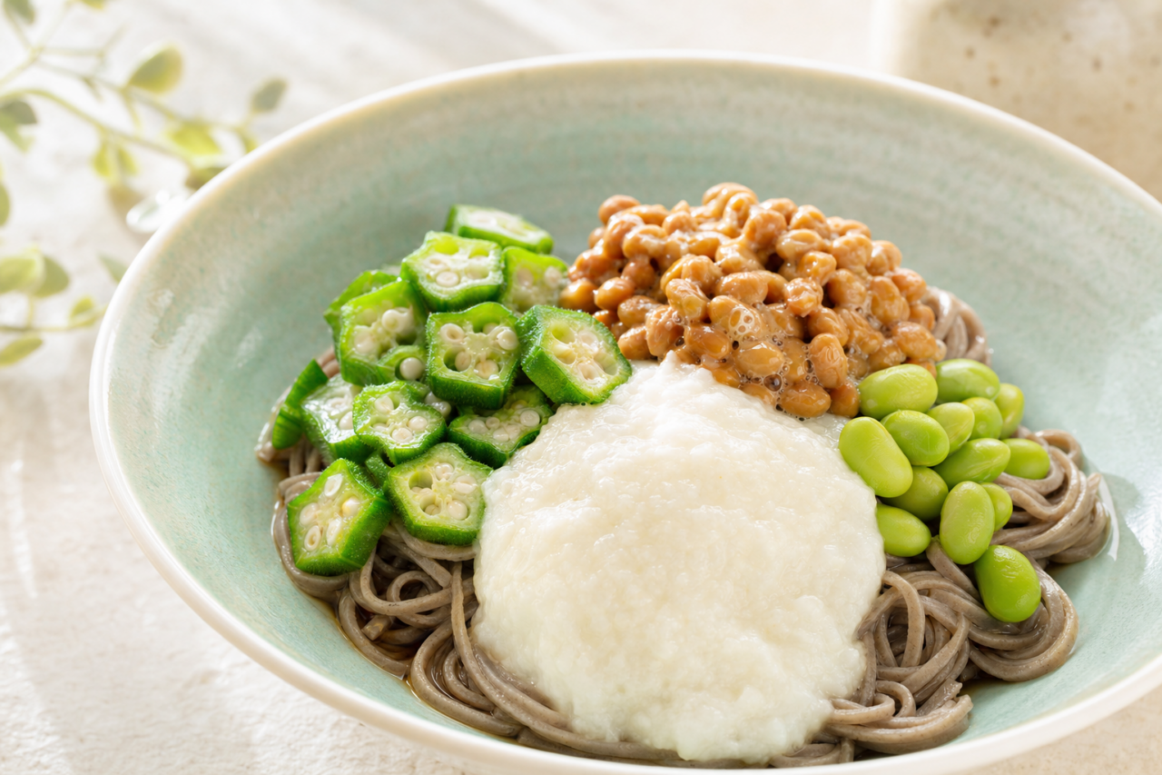 オクラと枝豆のねばとろ冷製腸活そば